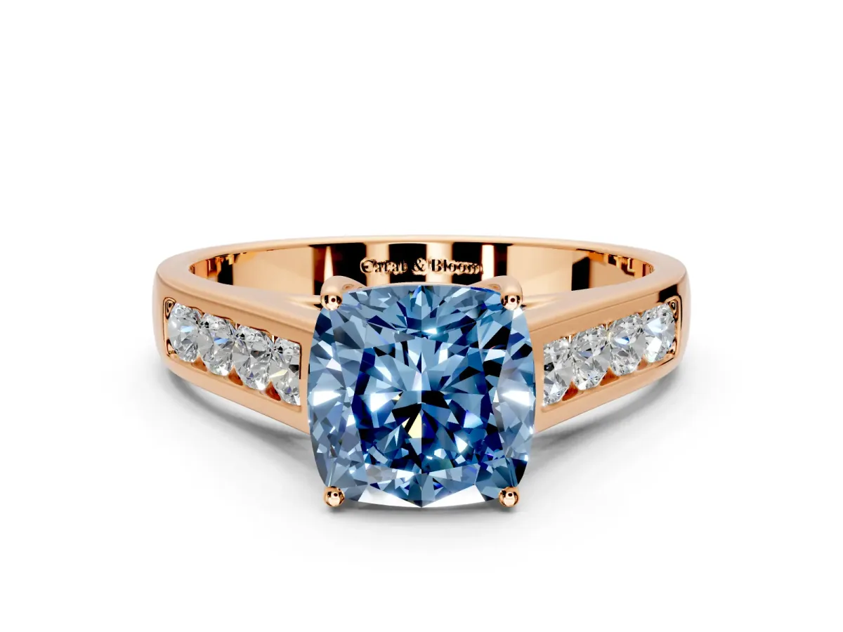 Solitaire Engagement Ring Setting for Fancy Blue Cushion Cut Center with Round Cut Channel Band and Prong Head in Rose Gold