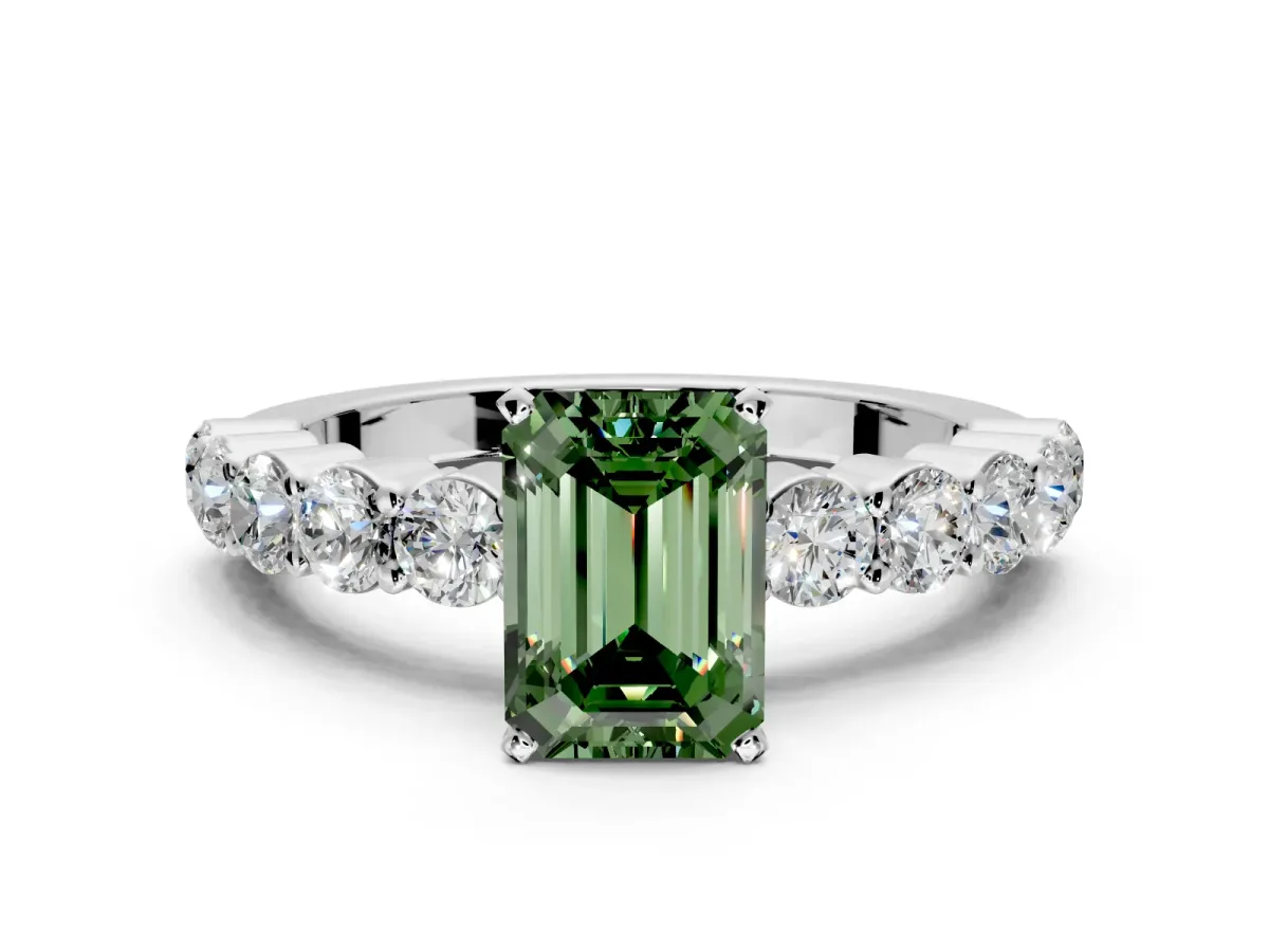 Shared-Prong Engagement Ring Setting for Fancy Green Emerald Cut Center with Graduated Accents and Prong Head in Sterling Silver