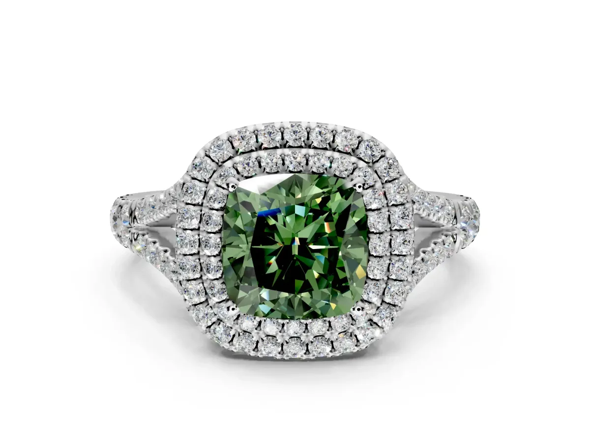 Double Halo Engagement Ring Setting for Fancy Green Cushion Cut Center with Narrow Pave Split Shank and Prong Head in White Gold