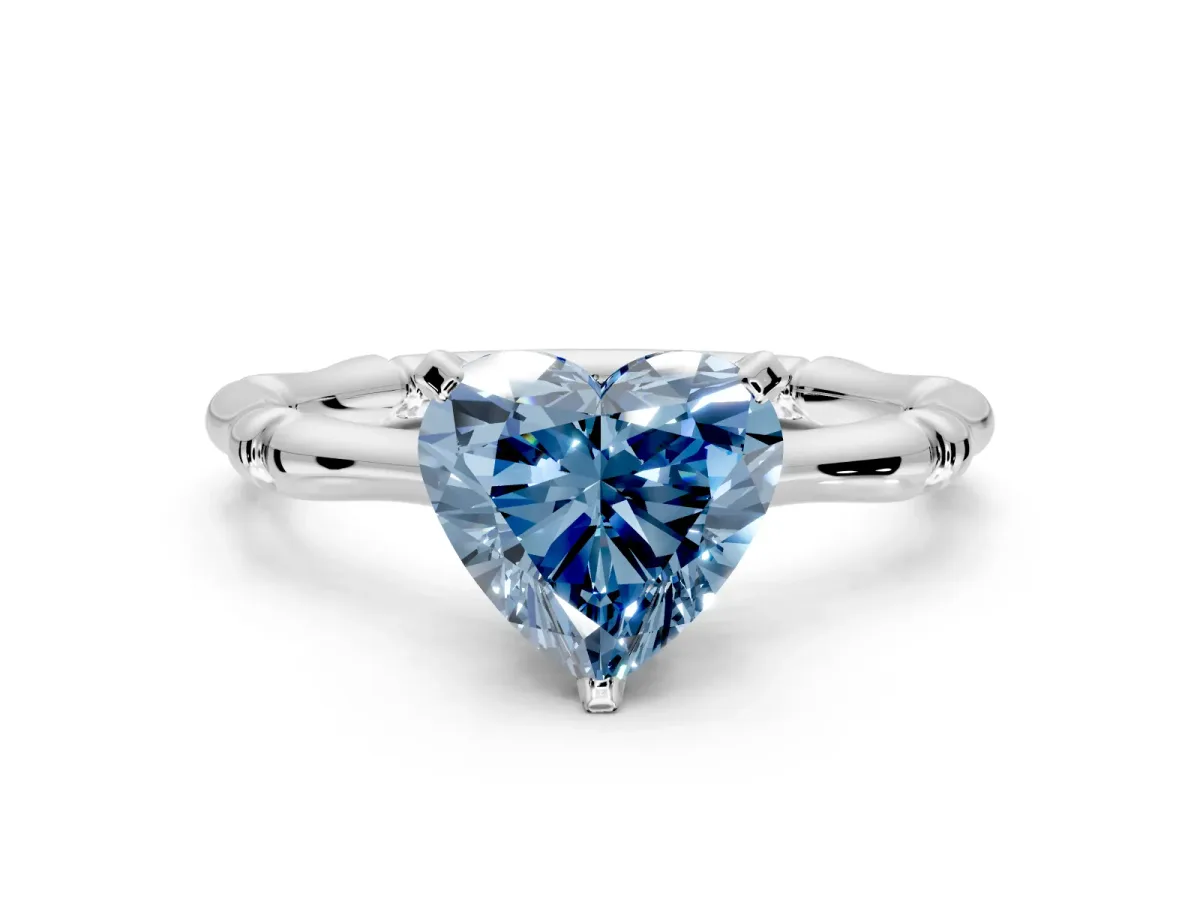 Solitaire Engagement Ring Setting for Fancy Blue Heart-Shaped Center with Bamboo Band and Prong Head in White Gold