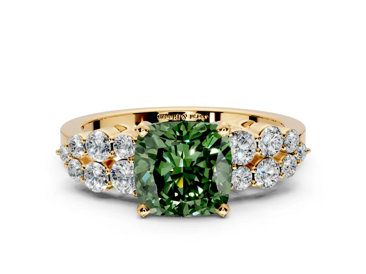 Cluster Engagement Ring Setting for Fancy Green Cushion Cut Center with 2-Row Shoulder Clusters and Prong Head in Yellow Gold