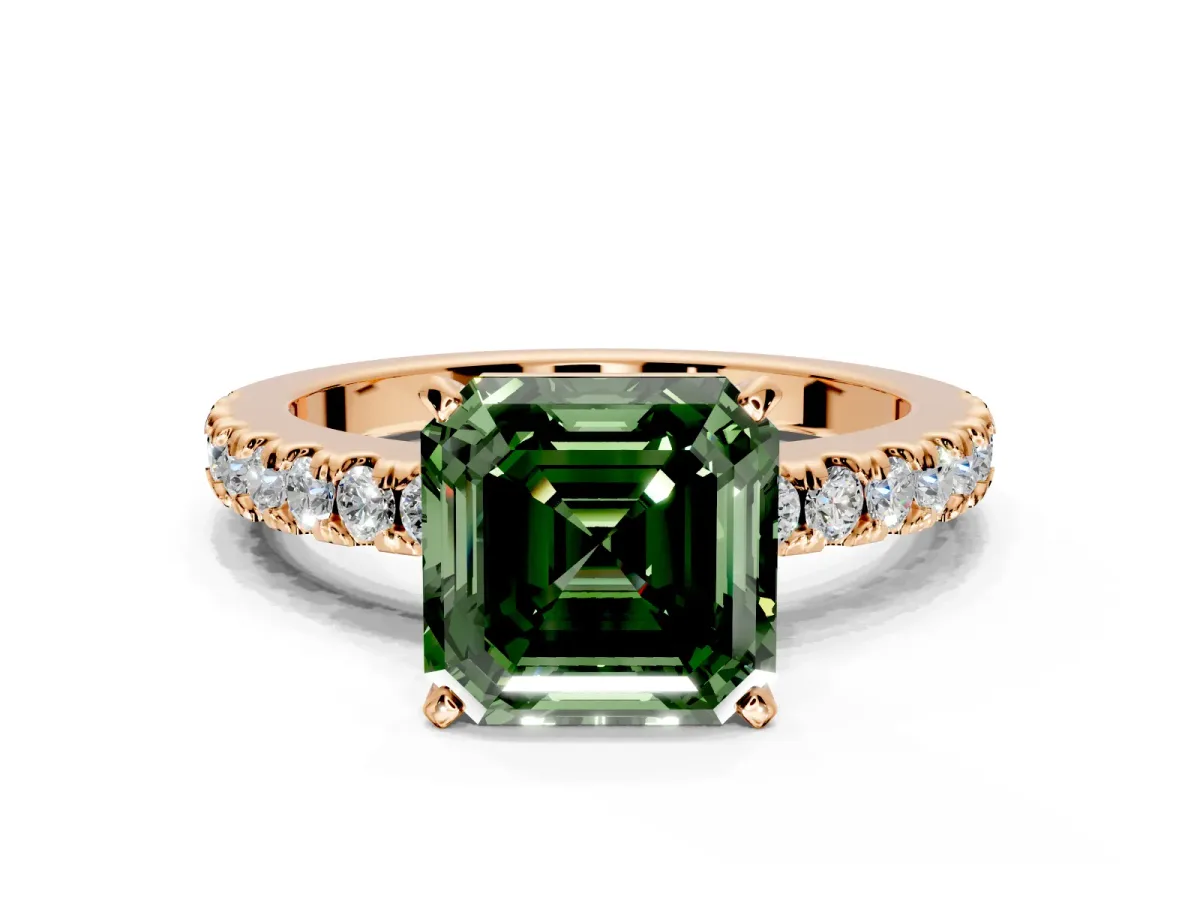 Solitaire Engagement Ring Setting for Fancy Green Asscher Cut Center with Single Row Accent Band and Prong Head in Rose Gold