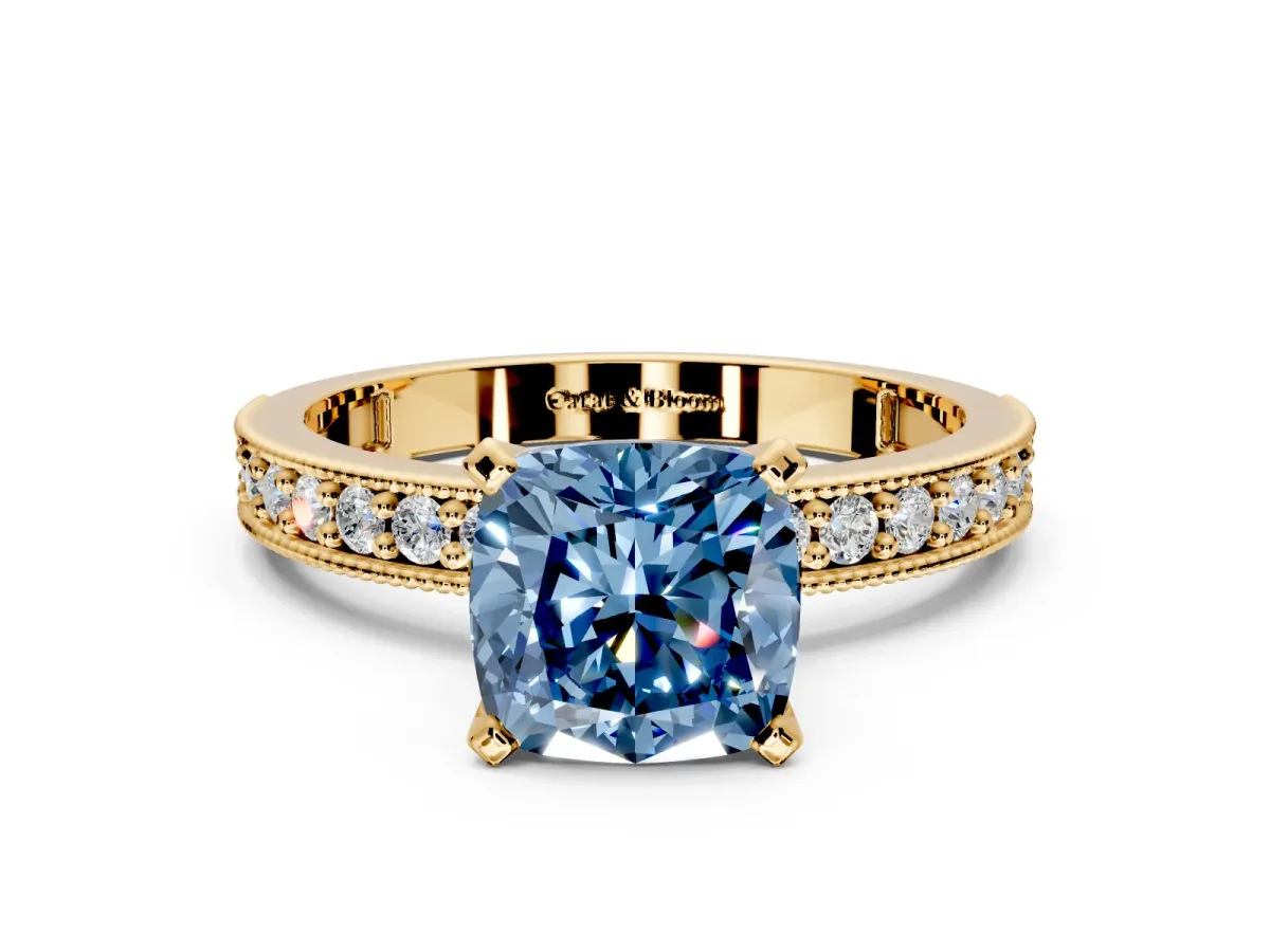 Milgrain Pave Engagement Ring Setting for Fancy Blue Cushion Cut Center with Accent Band and Prong Head in Yellow Gold