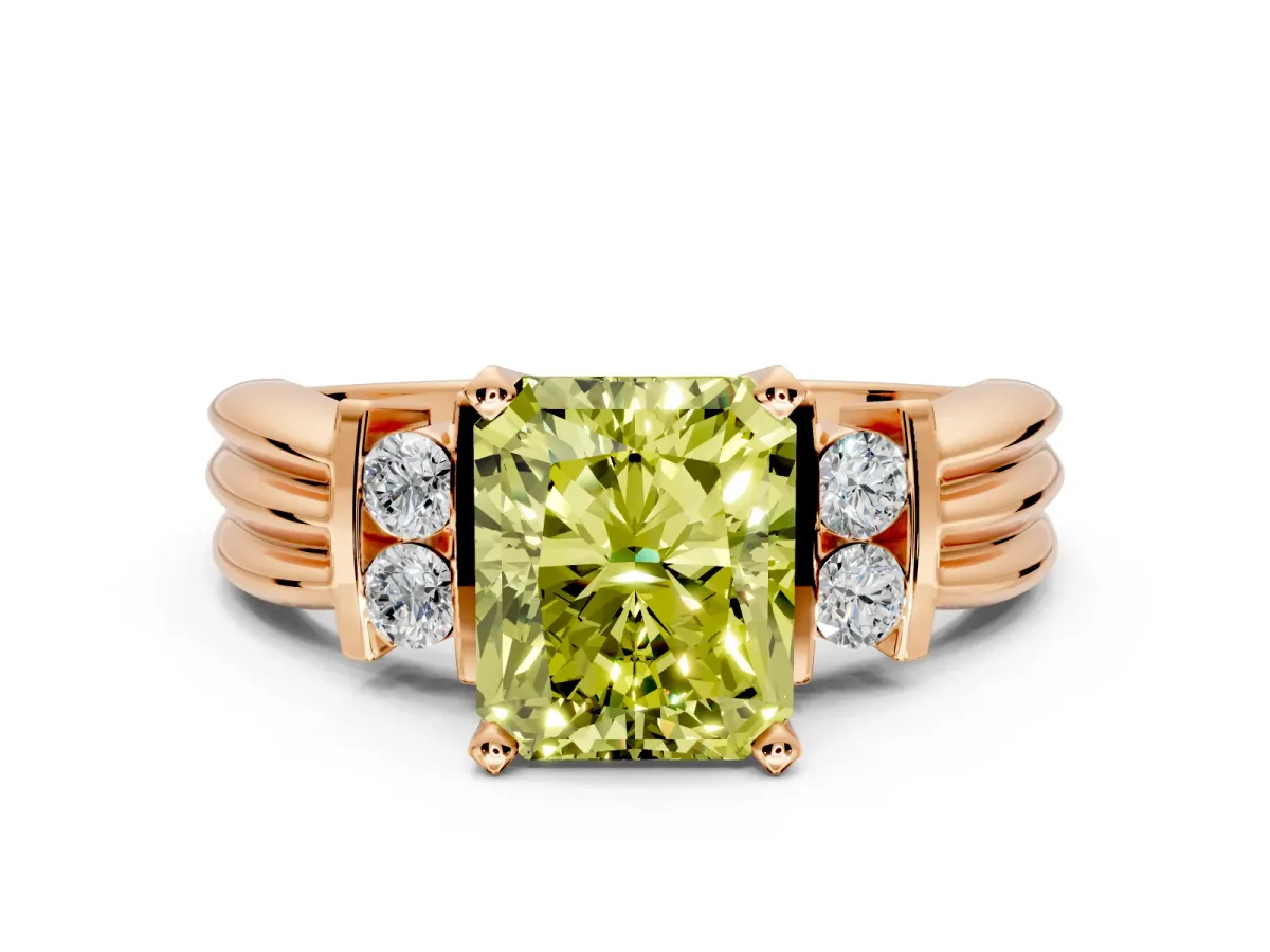 Solitaire Engagement Ring Setting for Fancy Yellow Radiant Cut Center with Grooved Bar Accent Band and Prong Head in Rose Gold