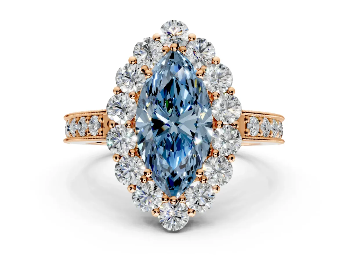 Halo Engagement Ring Setting for Fancy Blue Marquise Center with Milgrain Channel Band and Prong Head in Rose Gold