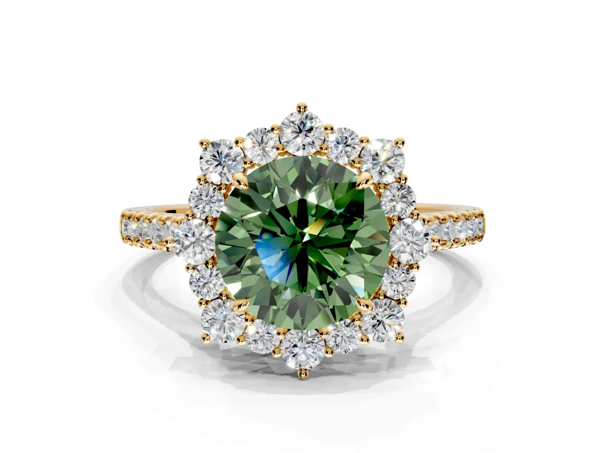 Halo Engagement Ring Setting for Fancy Green Round Cut Center with Single-Row Pave, Open Basket and Prong Head in Yellow Gold