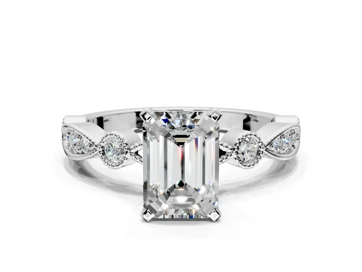 Solitaire Engagement Ring Setting for Emerald Cut Center with Milgrain Bezel Accents and Prong Head in Sterling Silver