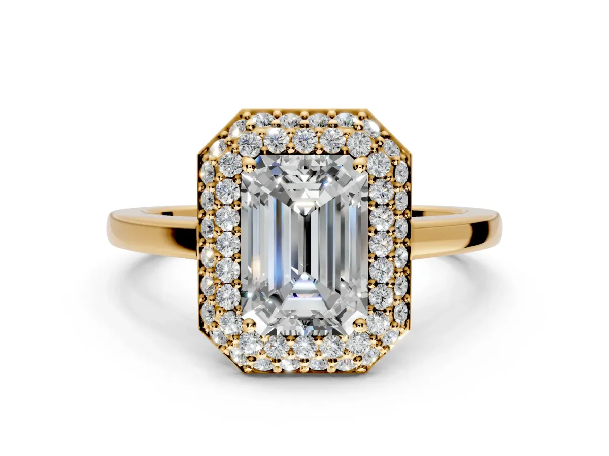 Halo Engagement Ring Setting for Emerald Cut Center with Plain Tapered Band and Prong Head in Yellow Gold
