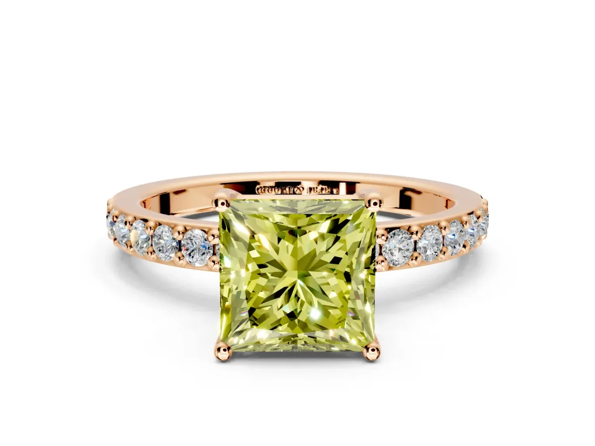 Solitaire Engagement Ring Setting for Fancy Yellow Princess Cut Center with Round Cut Pave Band and Prong Head in Rose Gold