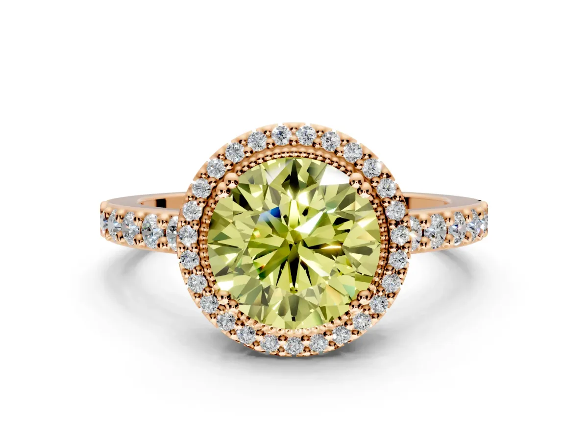 Halo Engagement Ring Setting for Fancy Yellow Round Cut Center with Inner Milgrain Border and Prong Head in Rose Gold