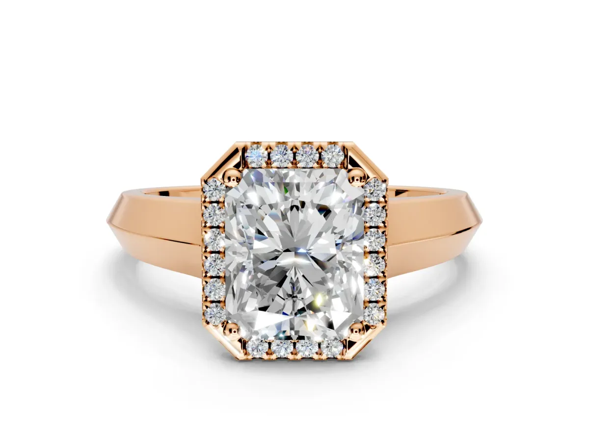 Halo Engagement Ring Setting for Radiant Cut Center with Knife Ridge Cathedral Band and Prong Head in Rose Gold