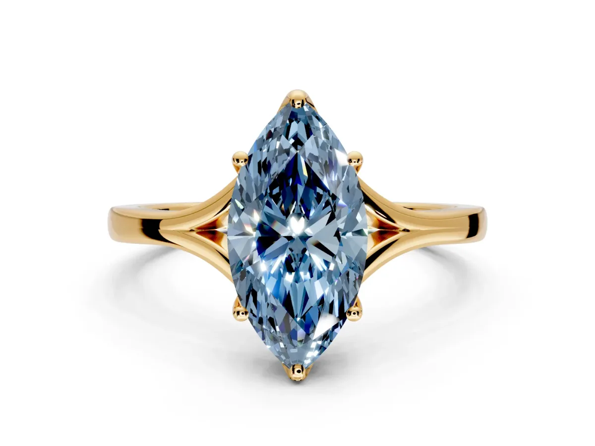 Solitaire Engagement Ring Setting for Fancy Blue Marquise Center with Plain Split Shank and Prong Head in Yellow Gold