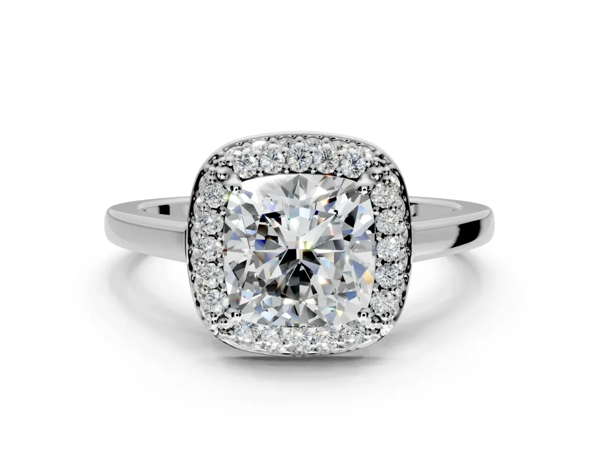 Halo Engagement Ring Setting for Cushion Cut Center with Plain Tapered Band and Prong Head in Sterling Silver
