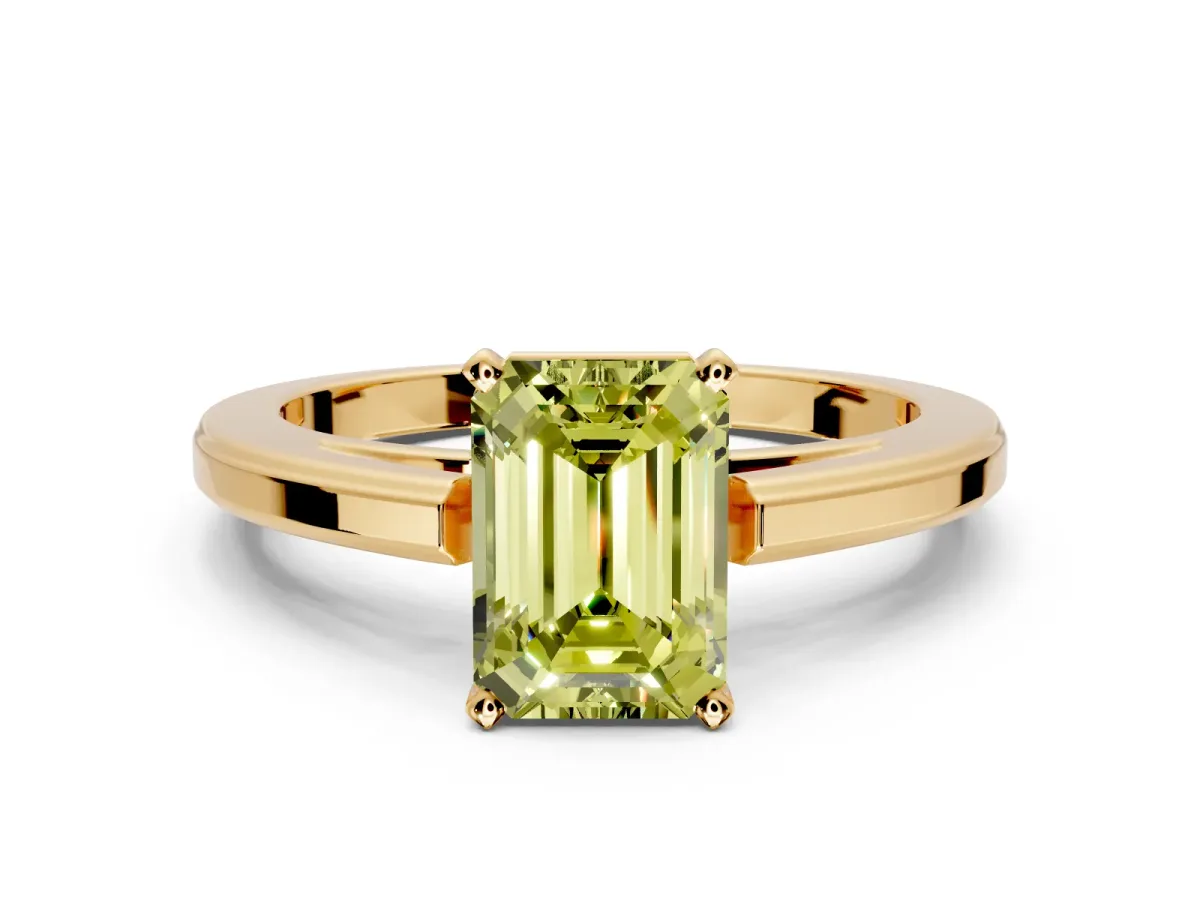 Solitaire Engagement Ring Setting for Fancy Yellow Emerald Cut Center with Flat-Sided Plain Band and Prong Head in Yellow Gold