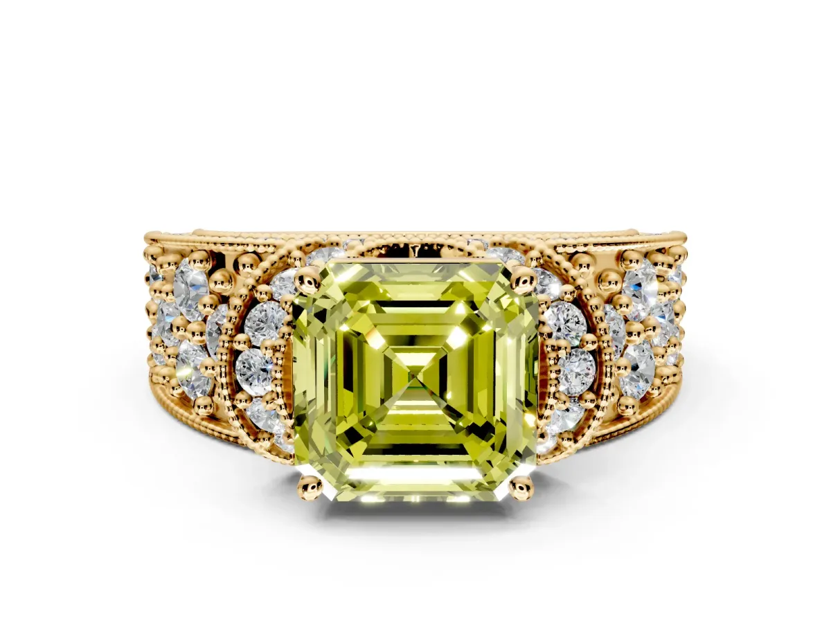 Pave Engagement Ring Setting for Fancy Yellow Asscher Cut Center with Curved Accent Rows, Openwork and Prong Head in Yellow Gold