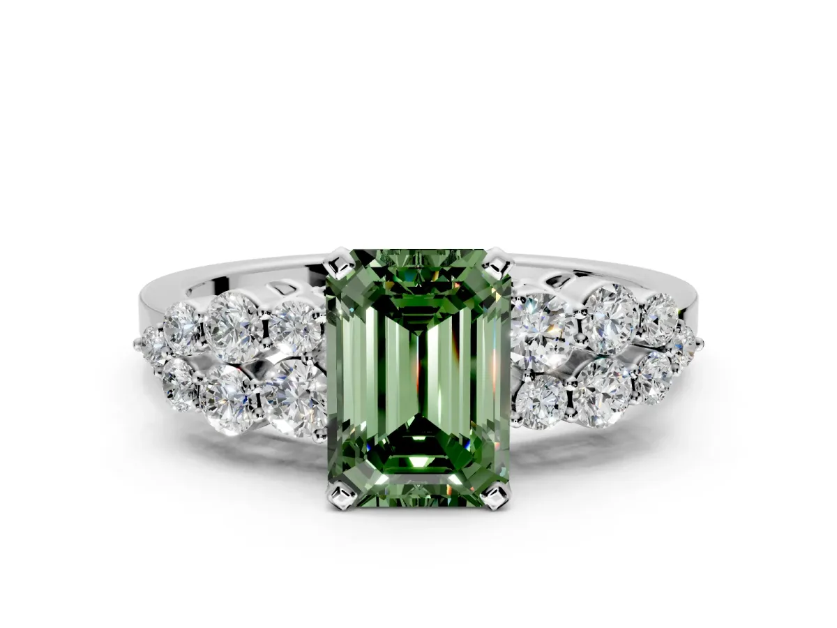 Cluster Engagement Ring Setting for Fancy Green Emerald Cut Center with 2-Row Shoulder Clusters and Prong Head in Platinum