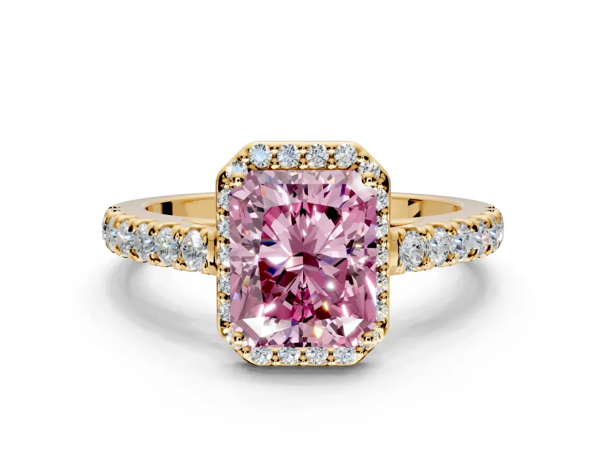 Halo Engagement Ring Setting for Fancy Pink Radiant Cut Center with Full Pave Band and Prong Head in Yellow Gold
