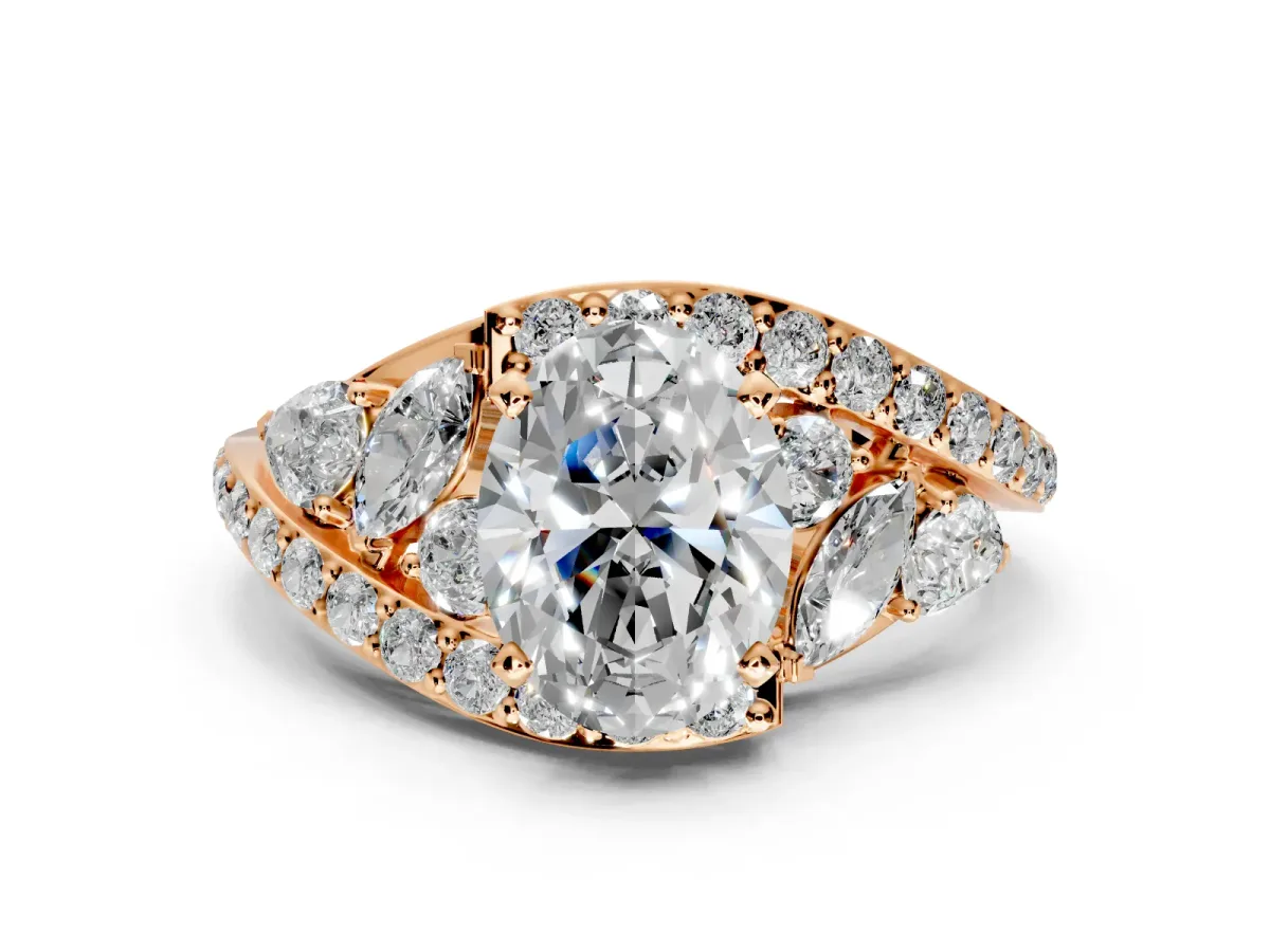 Halo Engagement Ring Setting for Oval Center with Marquise and Pave Bypass Band and Prong Head in Rose Gold