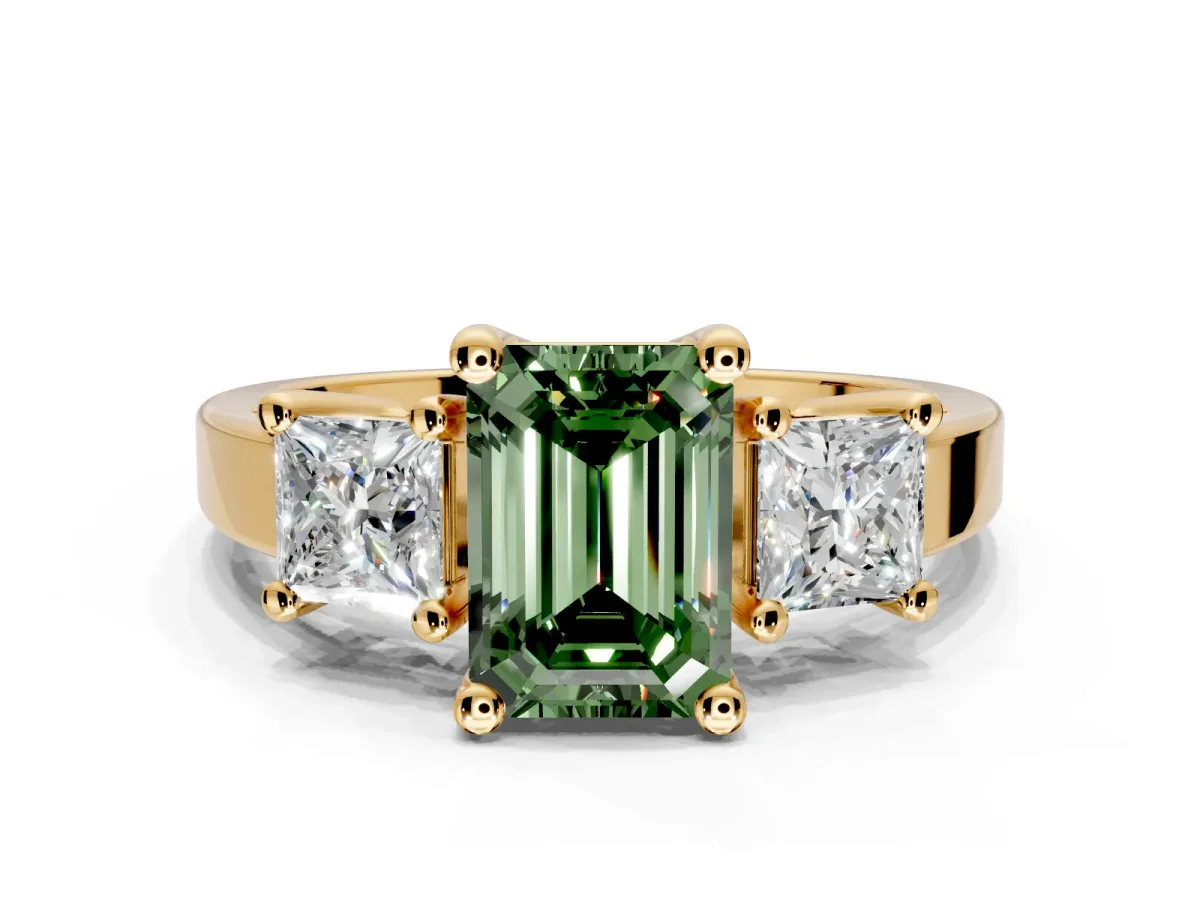 3 Stone Engagement Ring Setting for Fancy Green Emerald Cut Center with Matching Side Accents and Prong Head in Yellow Gold