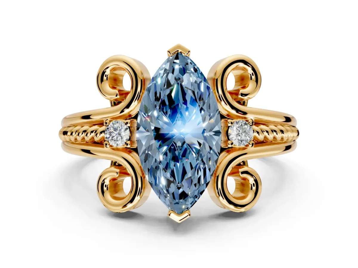 Solitaire Engagement Ring Setting for Fancy Blue Marquise Center with Twisted Band and Scroll Prong Head in Yellow Gold