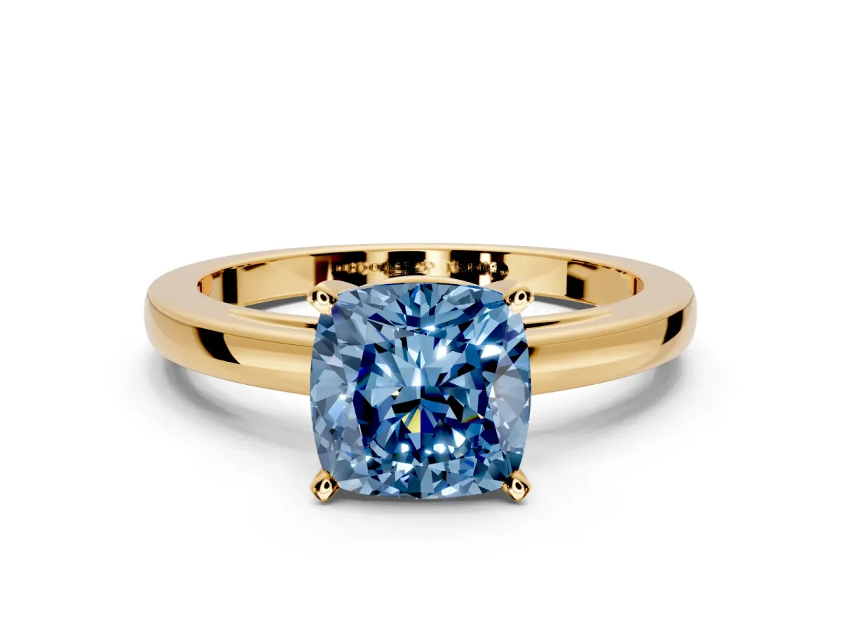 Solitaire Engagement Ring Setting for Fancy Blue Cushion Cut Center with Basket Rail and Prong Head in Yellow Gold