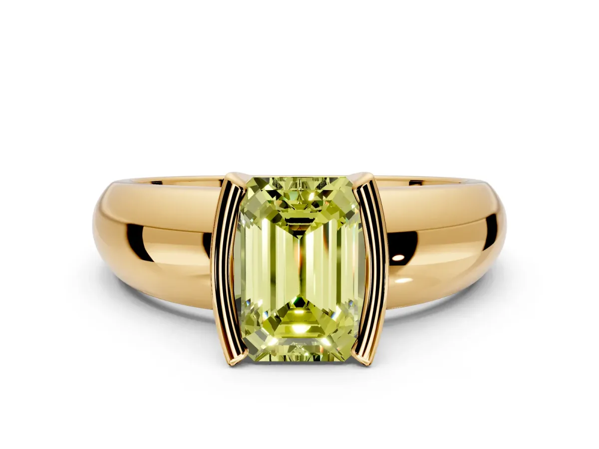 Tension Engagement Ring Setting for Fancy Yellow Emerald Cut Center with Wide Flat Band and Tension Head in Yellow Gold