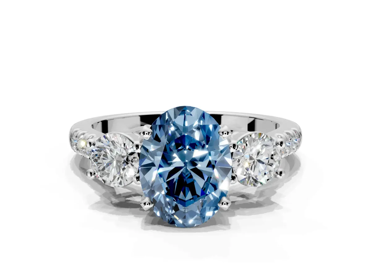 3 Stone Engagement Ring Setting for Fancy Blue Oval Center with Crossover Basket, Pave Band and Prong Head in Sterling Silver