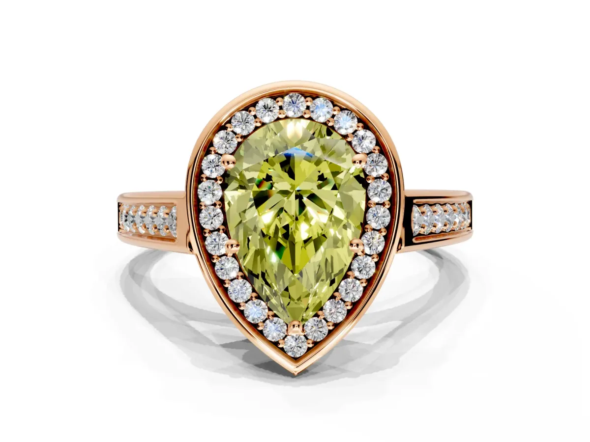 Halo Engagement Ring Setting for Fancy Yellow Pear-Shaped Center with Outer Bezel Rim, Pave Band and Prong Head in Rose Gold