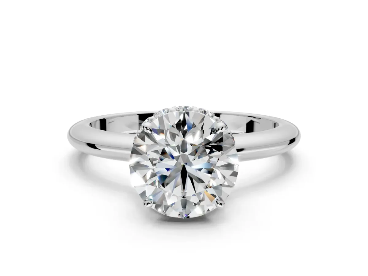 Hidden Halo Engagement Ring Setting for Round Cut Center with Plain Rounded Band and Prong Head in Sterling Silver
