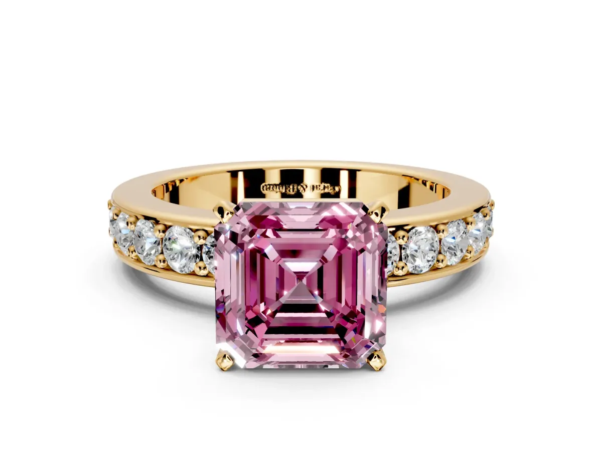 Solitaire Engagement Ring Setting for Fancy Pink Asscher Cut Center with Channel-Set Accents and Prong Head in Yellow Gold