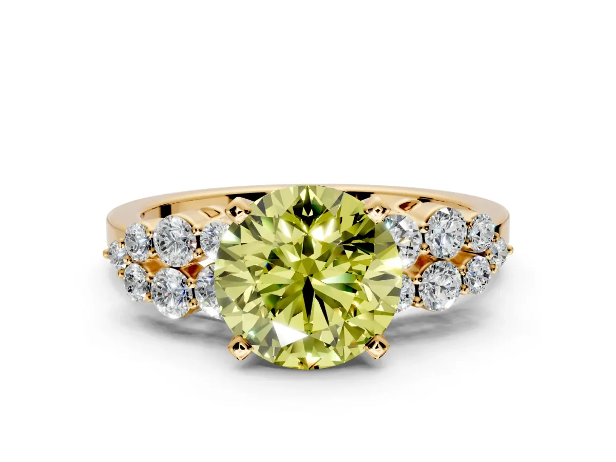 Cluster Engagement Ring Setting for Fancy Yellow Round Cut Center with 2-Row Shoulder Clusters and Prong Head in Yellow Gold