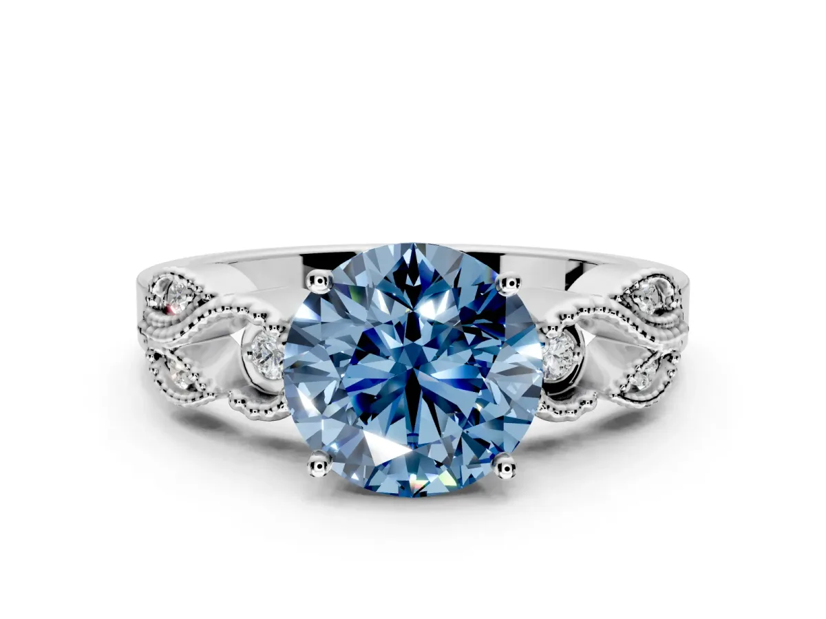Leaf Engagement Ring Setting for Fancy Blue Round Cut Center with Milgrain Accent Band and Prong Head in Sterling Silver