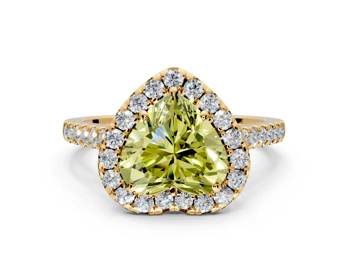 Halo Engagement Ring Setting for Fancy Yellow Heart-Shaped Center with Narrowing Pave Band and Prong Head in Yellow Gold
