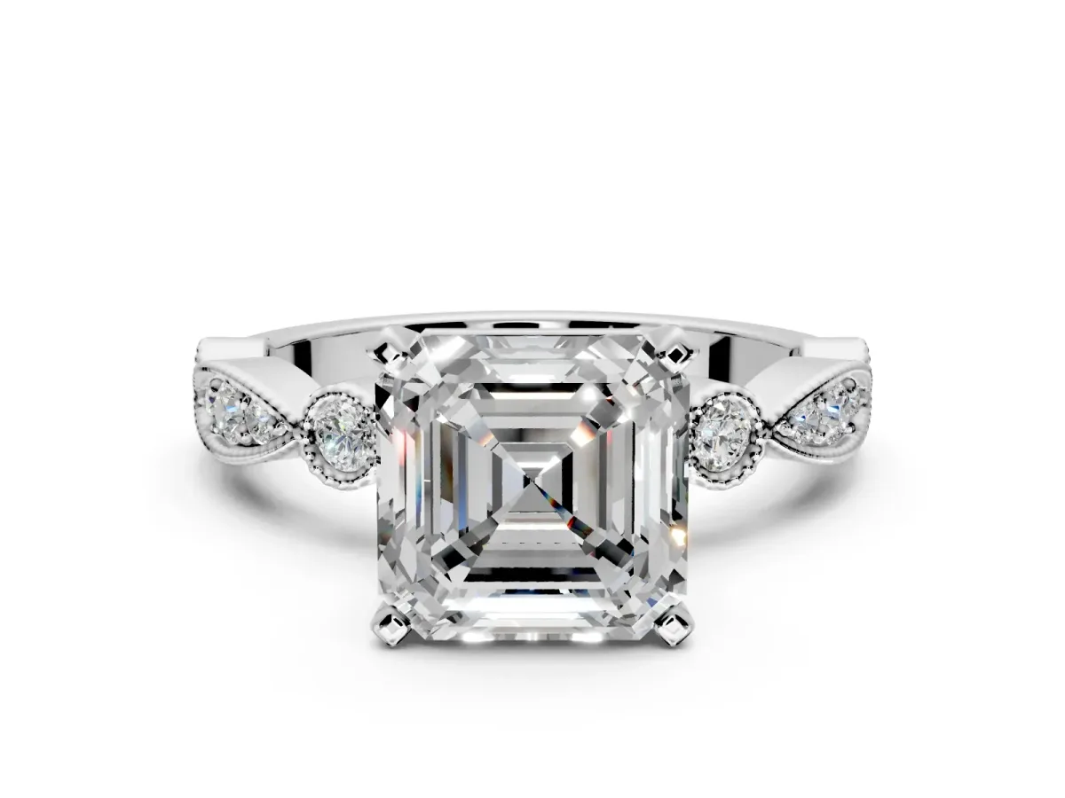 Solitaire Engagement Ring Setting for Asscher Cut Center with Milgrain Bezel Accents and Prong Head in Platinum