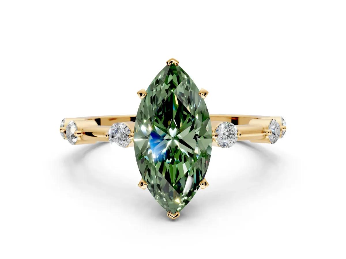 Solitaire Engagement Ring Setting for Fancy Green Marquise Center with Bezel Station Band and Prong Head in Yellow Gold
