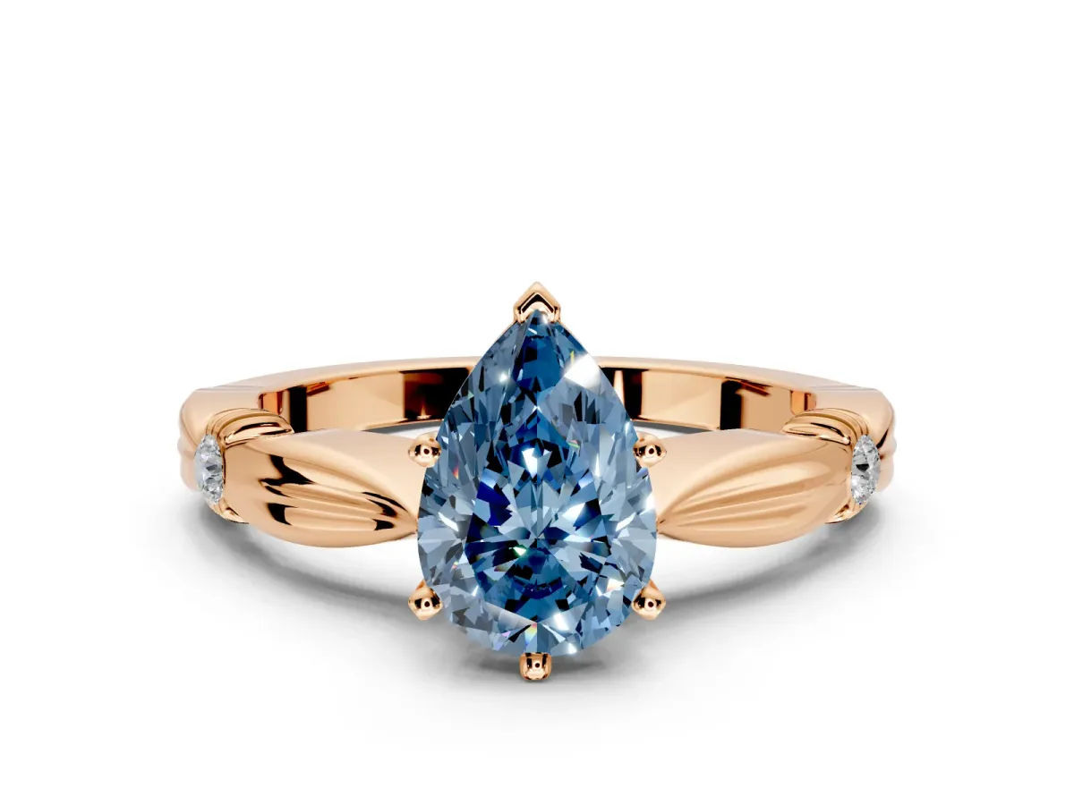 Solitaire Engagement Ring Setting for Fancy Blue Pear-Shaped Center with Carved Leaf Shoulders and Prong Head in Rose Gold