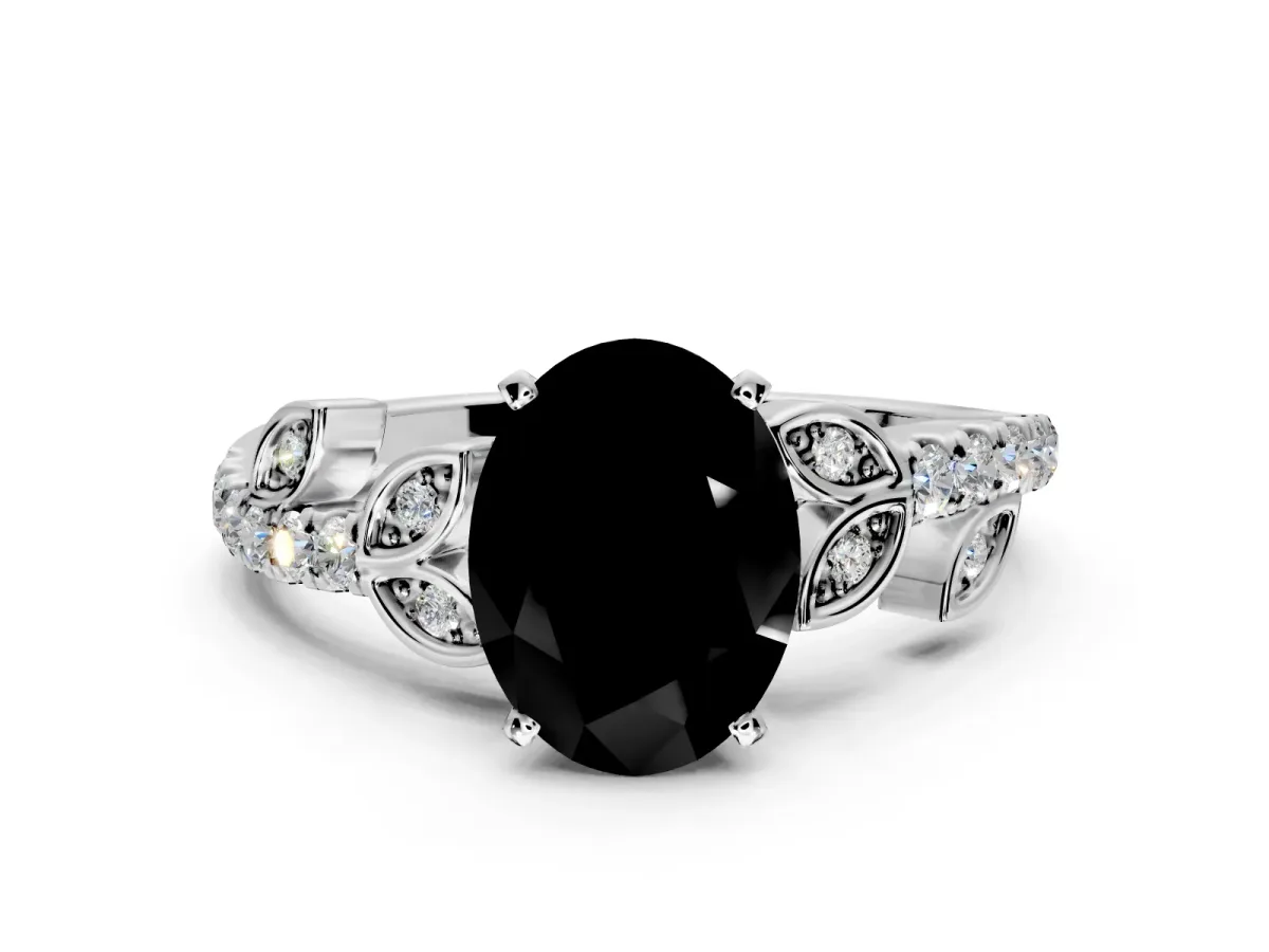 Leaf Motif Engagement Ring Setting for Fancy Black Oval Center with Pave Band and Prong Head in Platinum