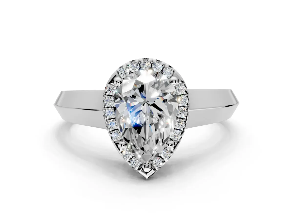 Halo Engagement Ring Setting for Pear-Shaped Center with Knife Ridge Cathedral Band and Prong Head in Sterling Silver
