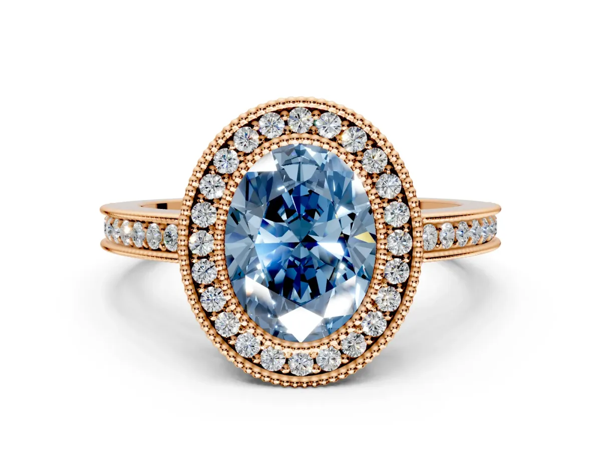 Halo Engagement Ring Setting for Fancy Blue Oval Center with Milgrain Halo, Pave Band and Prong Head in Rose Gold