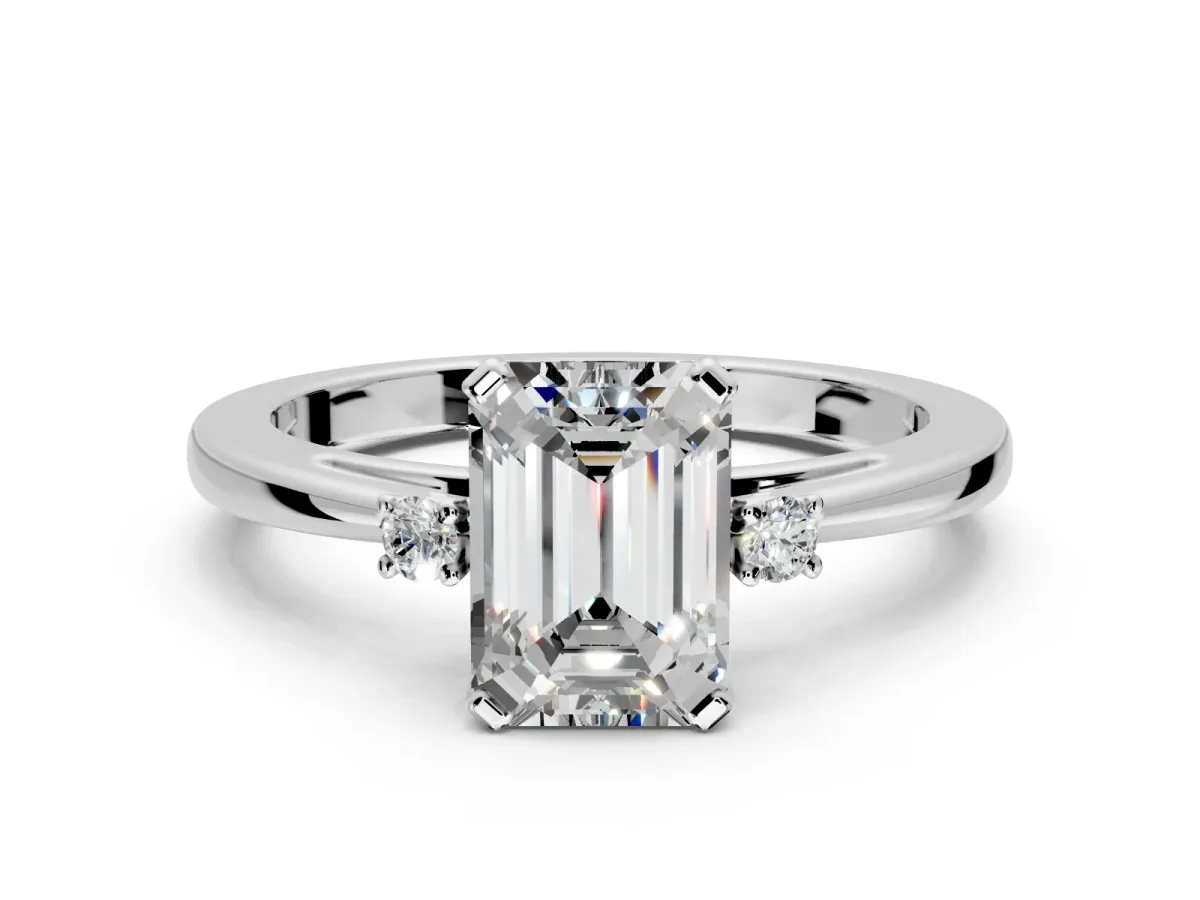 3 Stone Engagement Ring Setting for Emerald Cut Center with Low-Set Round Cut Accents and Prong Head in Sterling Silver