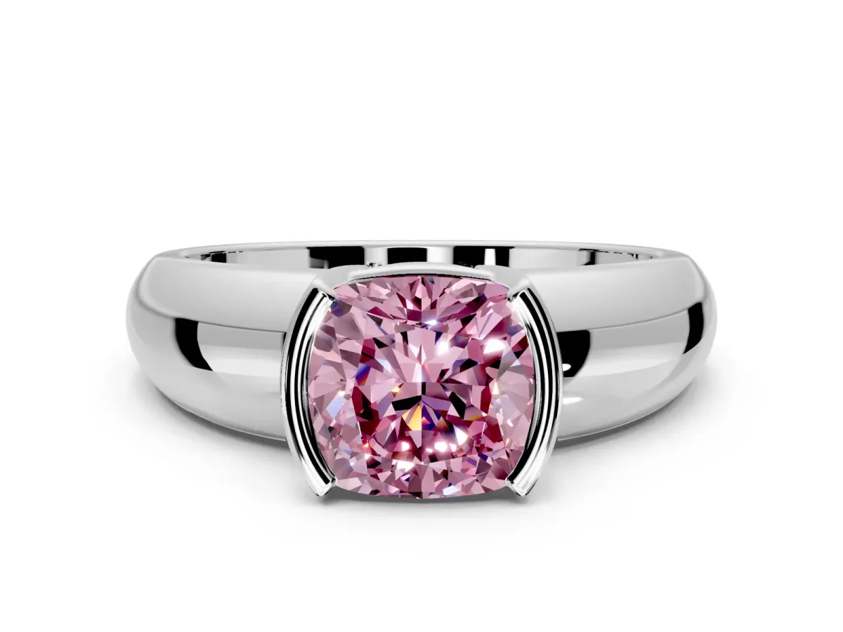 Tension Engagement Ring Setting for Fancy Pink Cushion Cut Center with Wide Flat Band and Tension Head in White Gold