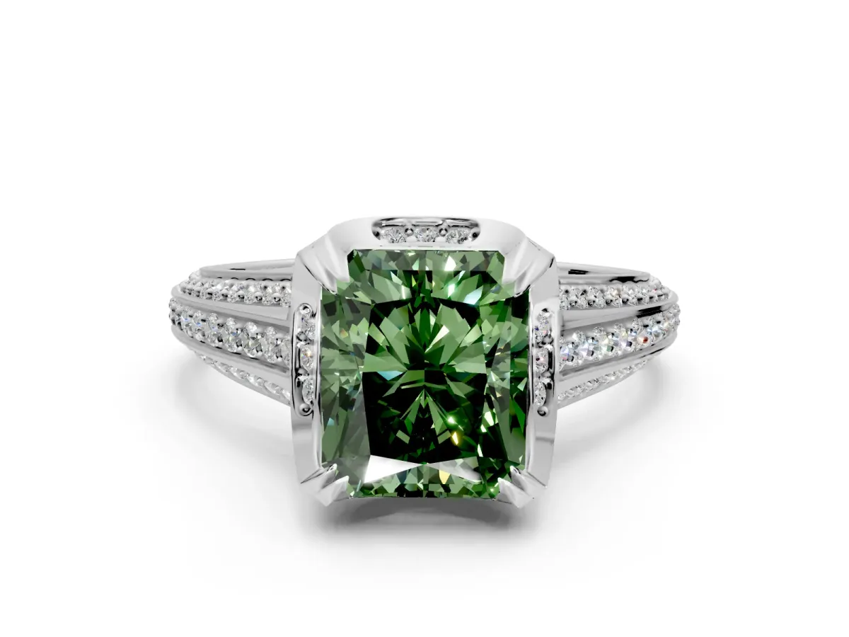 Solitaire Engagement Ring Setting for Fancy Green Radiant Cut Center with Accented Split Shank and Prong Head in Platinum