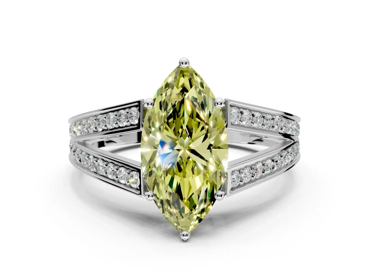 Split Shank Engagement Ring Setting for Fancy Yellow Marquise Center with Pave Split Shank and Prong Head in Platinum