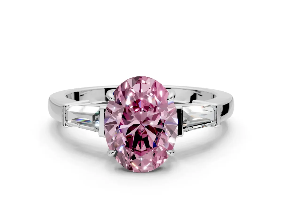 3 Stone Engagement Ring Setting for Fancy Pink Oval Center with Baguette Accents and Prong Head in Platinum