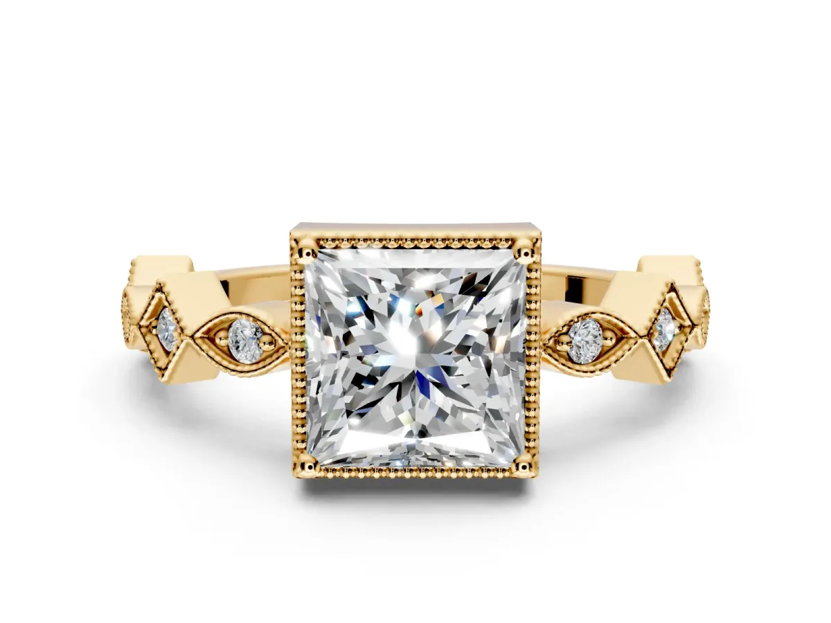 Milgrain Bezel Engagement Ring Setting for Princess Cut Center with Marquise Stations and Bezel Head in Yellow Gold