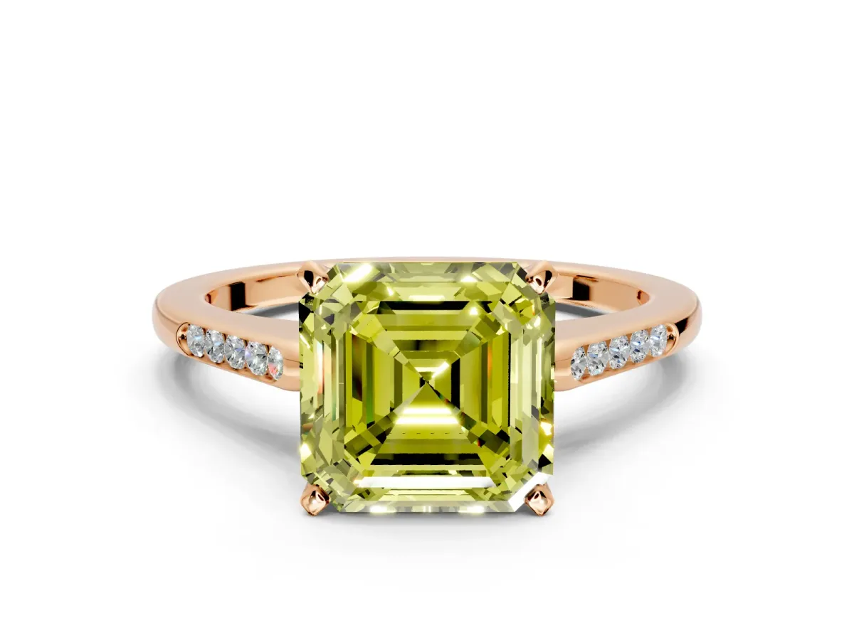 Solitaire Engagement Ring Setting for Fancy Yellow Asscher Cut Center with Channel Accents and Prong Head in Rose Gold