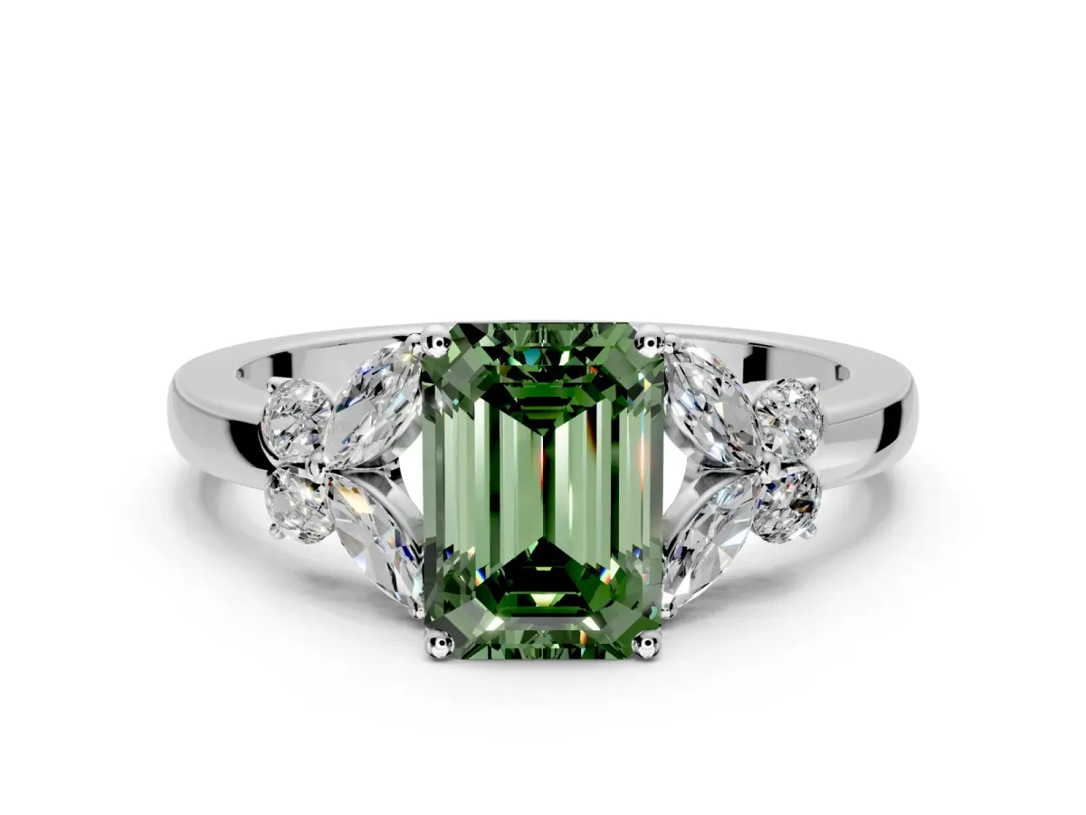 Solitaire Engagement Ring Setting for Fancy Green Emerald Cut Center with Marquise Flower Shoulders and Prong Head in Platinum