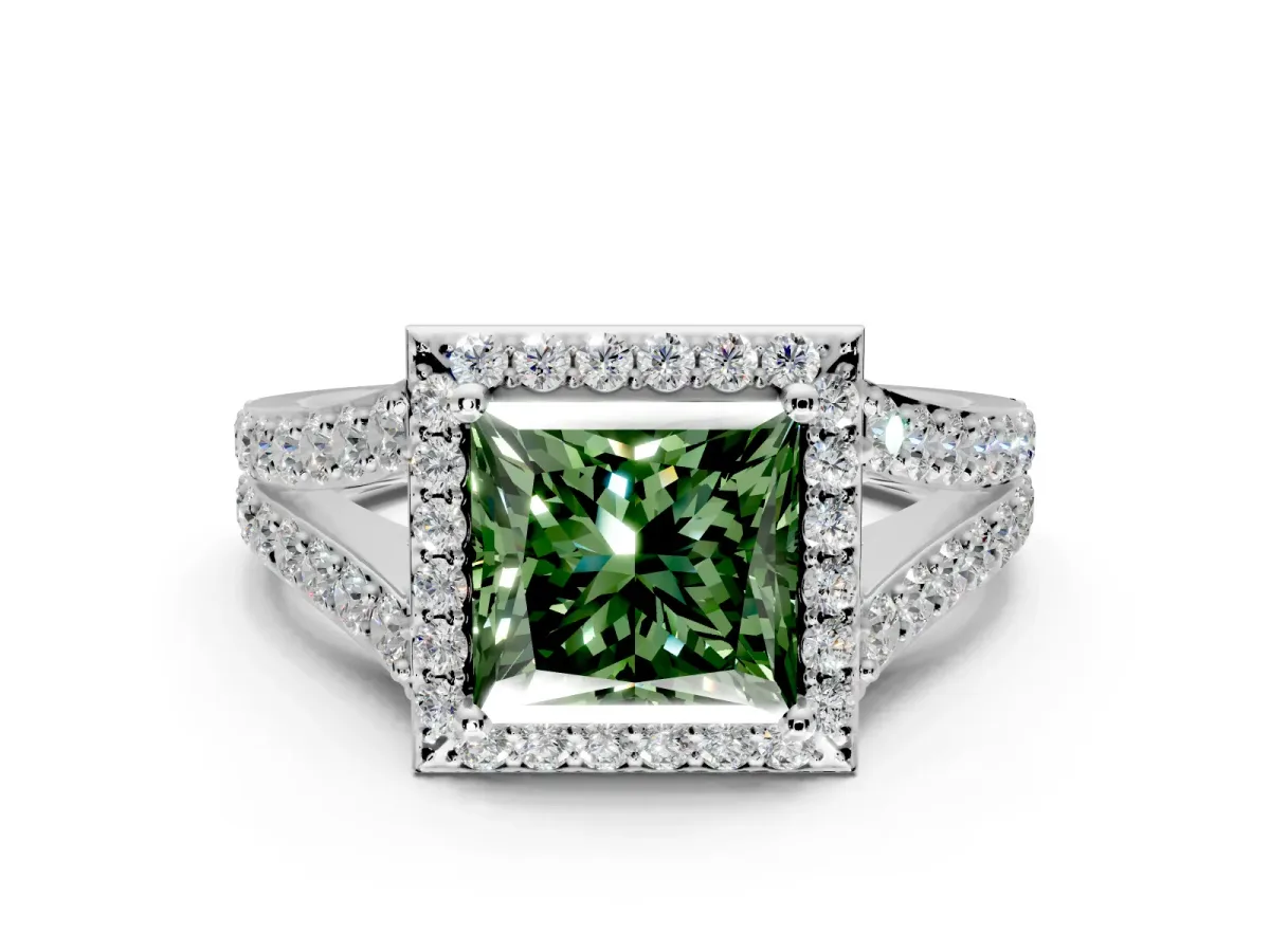 Halo Engagement Ring Setting for Fancy Green Princess Cut Center with Narrow Pave Split Shank and Prong Head in Platinum