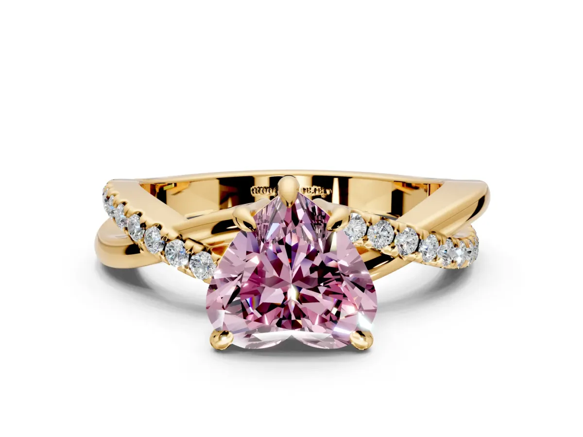 Solitaire Engagement Ring Setting for Fancy Pink Heart-Shaped Center with Half-Pave Crossover Band and Prong Head in Yellow Gold