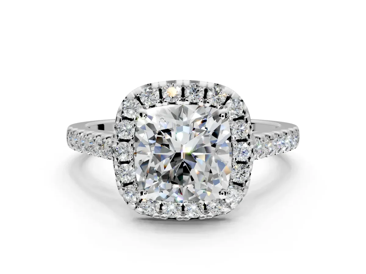 Halo Engagement Ring Setting for Cushion Cut Center with Raised Halo, Pave Band and Prong Head in Platinum